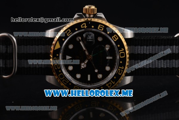 Rolex GMT-Master II Asia 2813 Automatic Steel Case with Black Dial and Grey/Black Nylon Strap Dot Markers - Click Image to Close